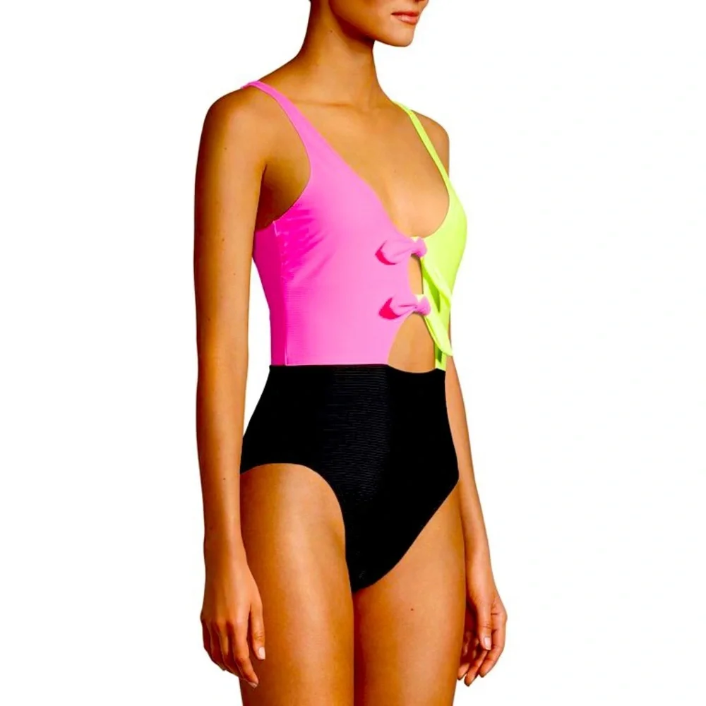 No boundaries Highlighter Neon Yellow Pink Black Tie Front One Piece Swimsuit L